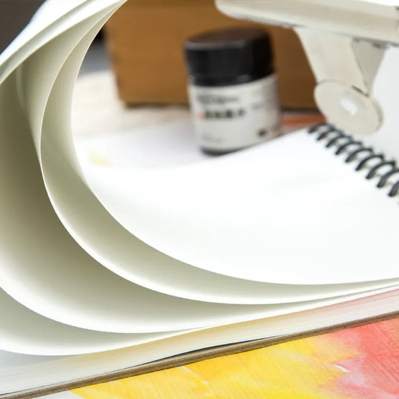 Spiral-bound green paper sketchbook open flat, showing 8K and 16K size options.