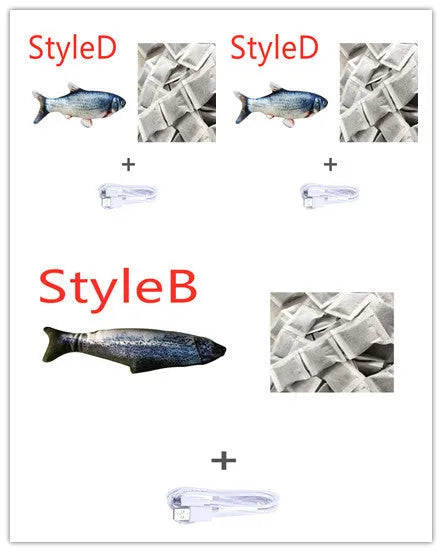 Multicolour 30cm electric jumping fish cat toy with a USB charging cable.