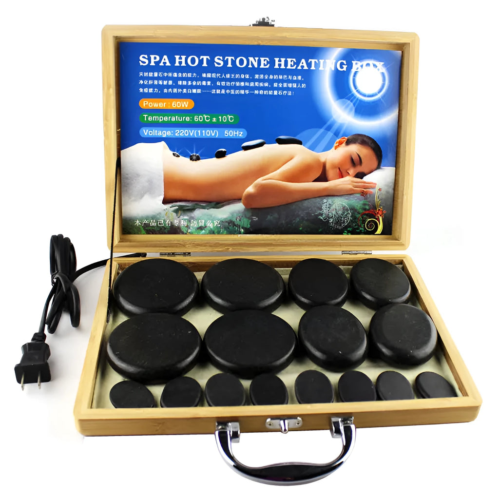 Black energy stone massage heater with constant temperature heating box and 16 volcanic stones for tuina and relaxation.