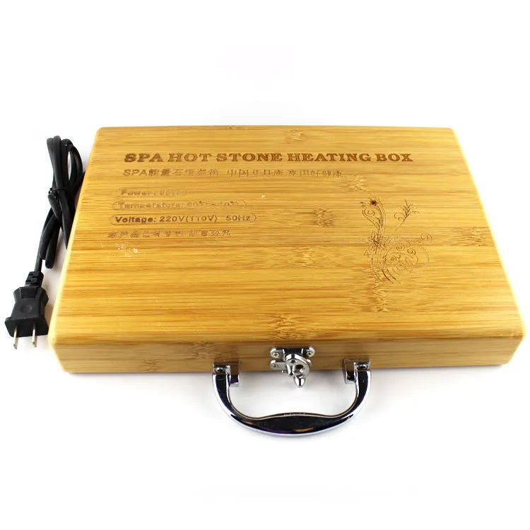 Black energy stone massage heater with constant temperature heating box and 16 volcanic stones for tuina and relaxation.