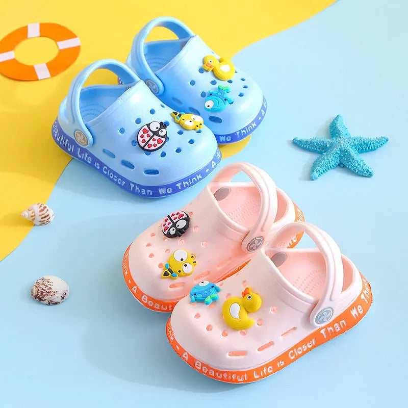 Cartoon patterned PVC toddler slippers in yellow, blue, pink colours for boys and girls