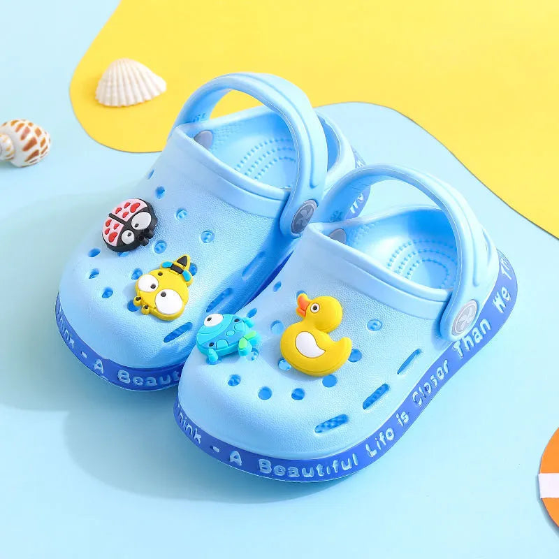 Cartoon patterned PVC toddler slippers in yellow, blue, pink colours for boys and girls