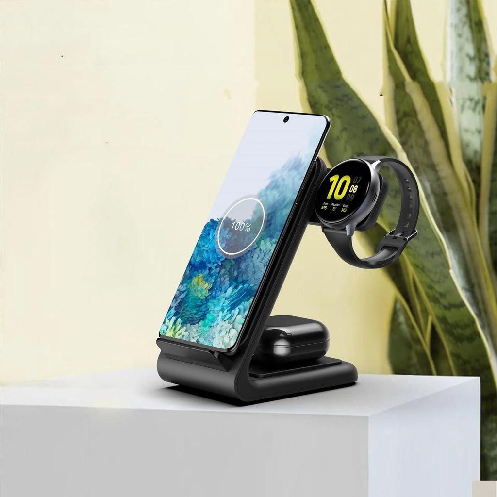Three-in-one wireless fast charging bracket for smartphones and smartwatches in black or white