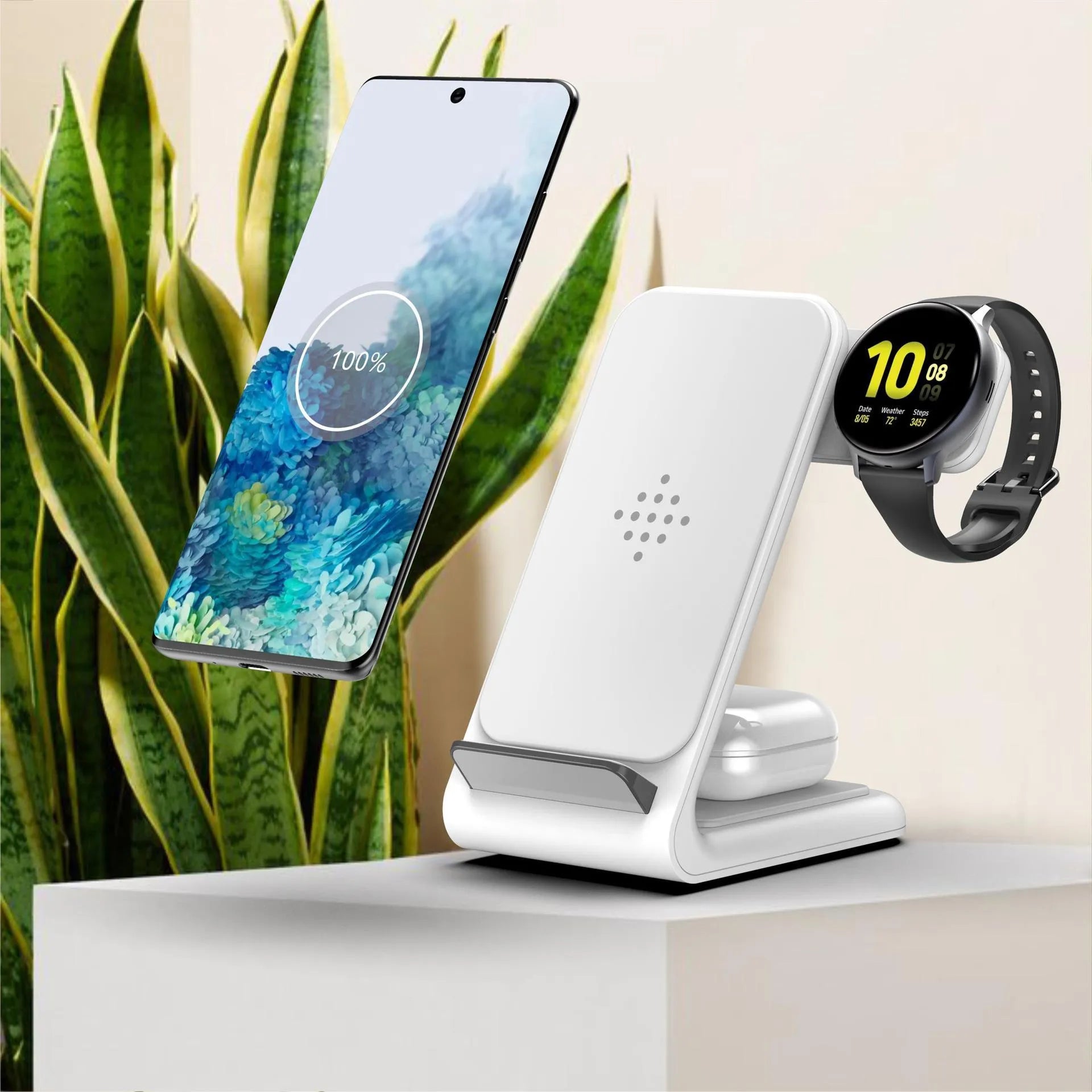 Three-in-one wireless fast charging bracket for smartphones and smartwatches in black or white