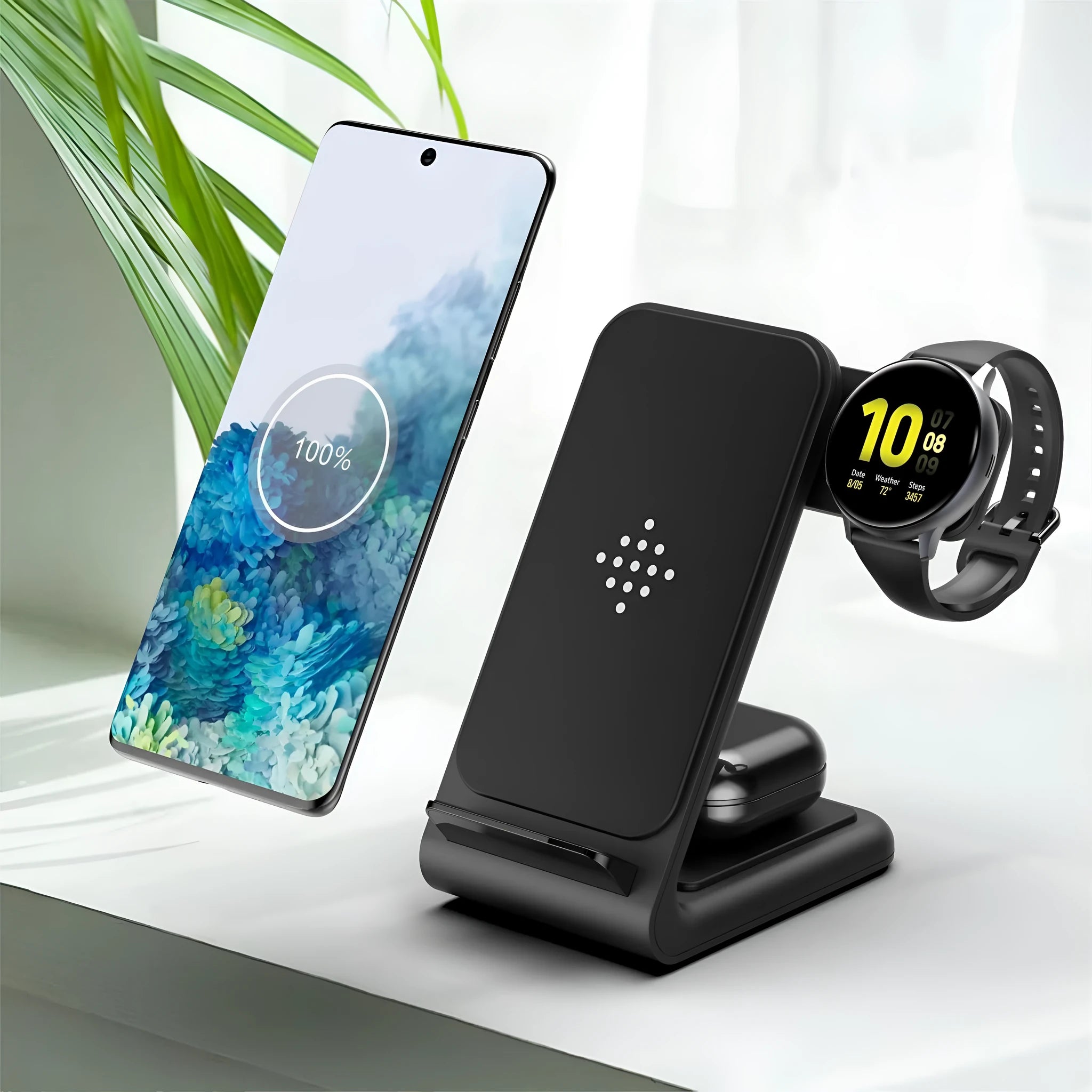 Three-in-one wireless fast charging bracket for smartphones and smartwatches in black or white