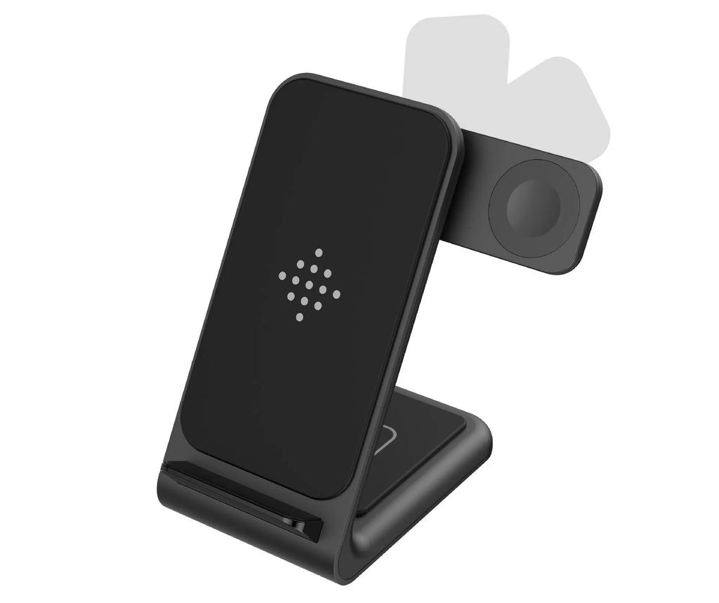 Three-in-one wireless fast charging bracket for smartphones and smartwatches in black or white