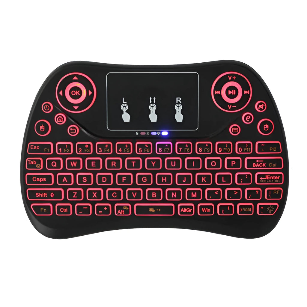 Compact wireless keyboard with seven-colour backlight showing English layout and USB dongle