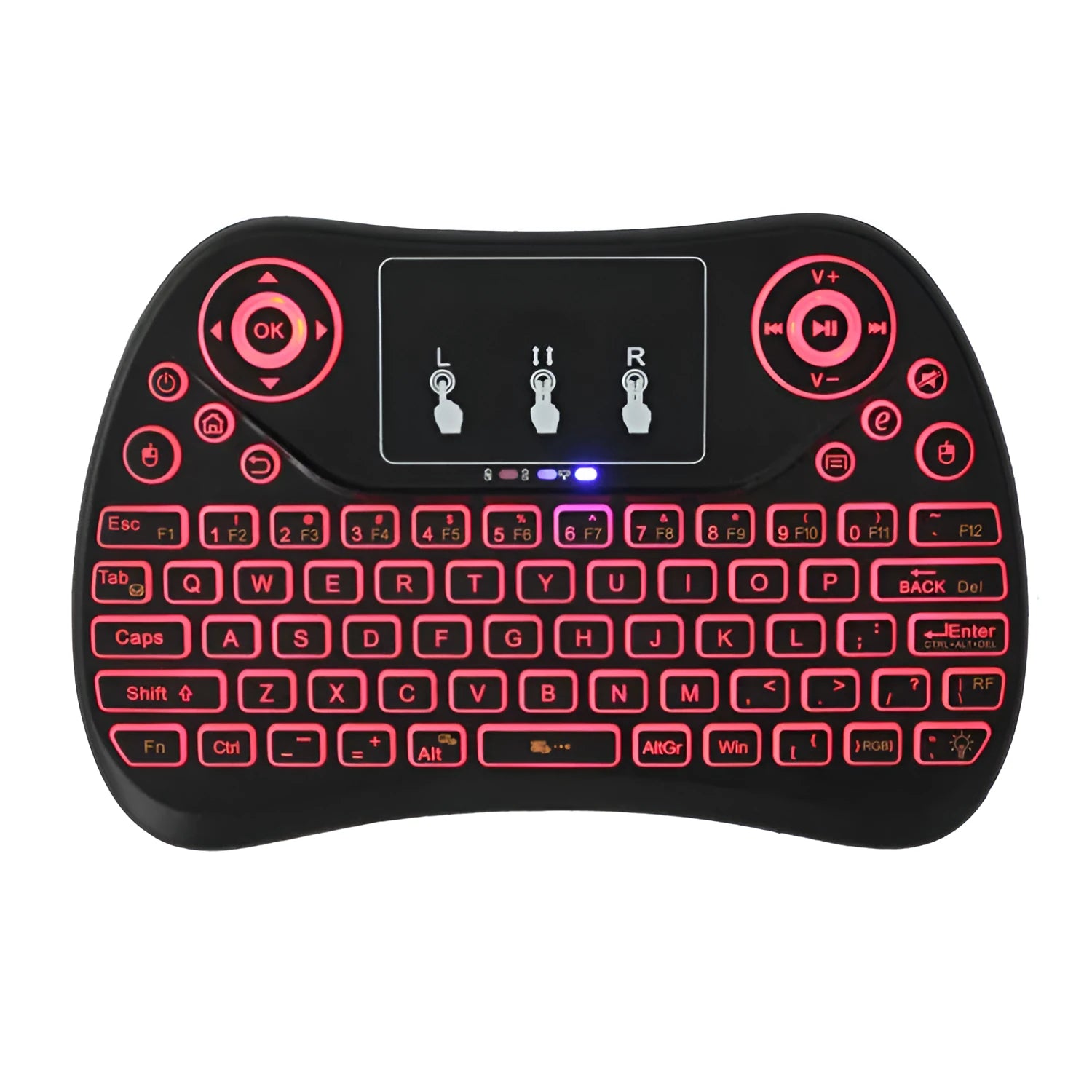 Compact wireless keyboard with seven-colour backlight showing English layout and USB dongle