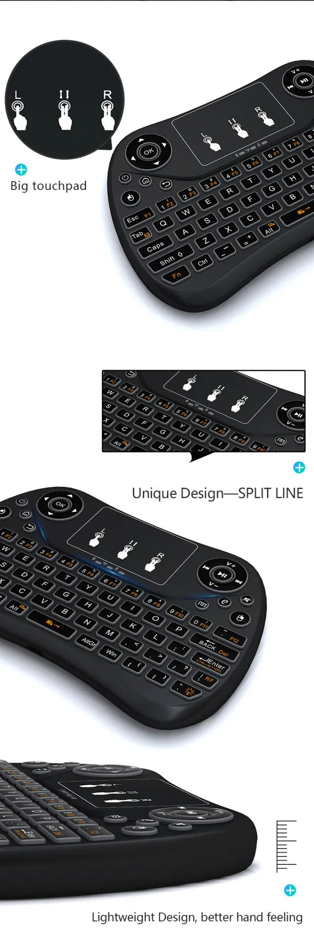 Compact wireless keyboard with seven-colour backlight showing English layout and USB dongle