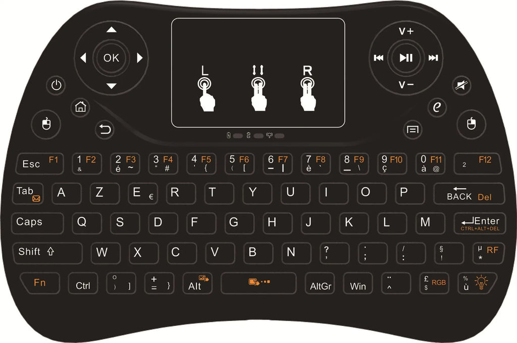Compact wireless keyboard with seven-colour backlight showing English layout and USB dongle