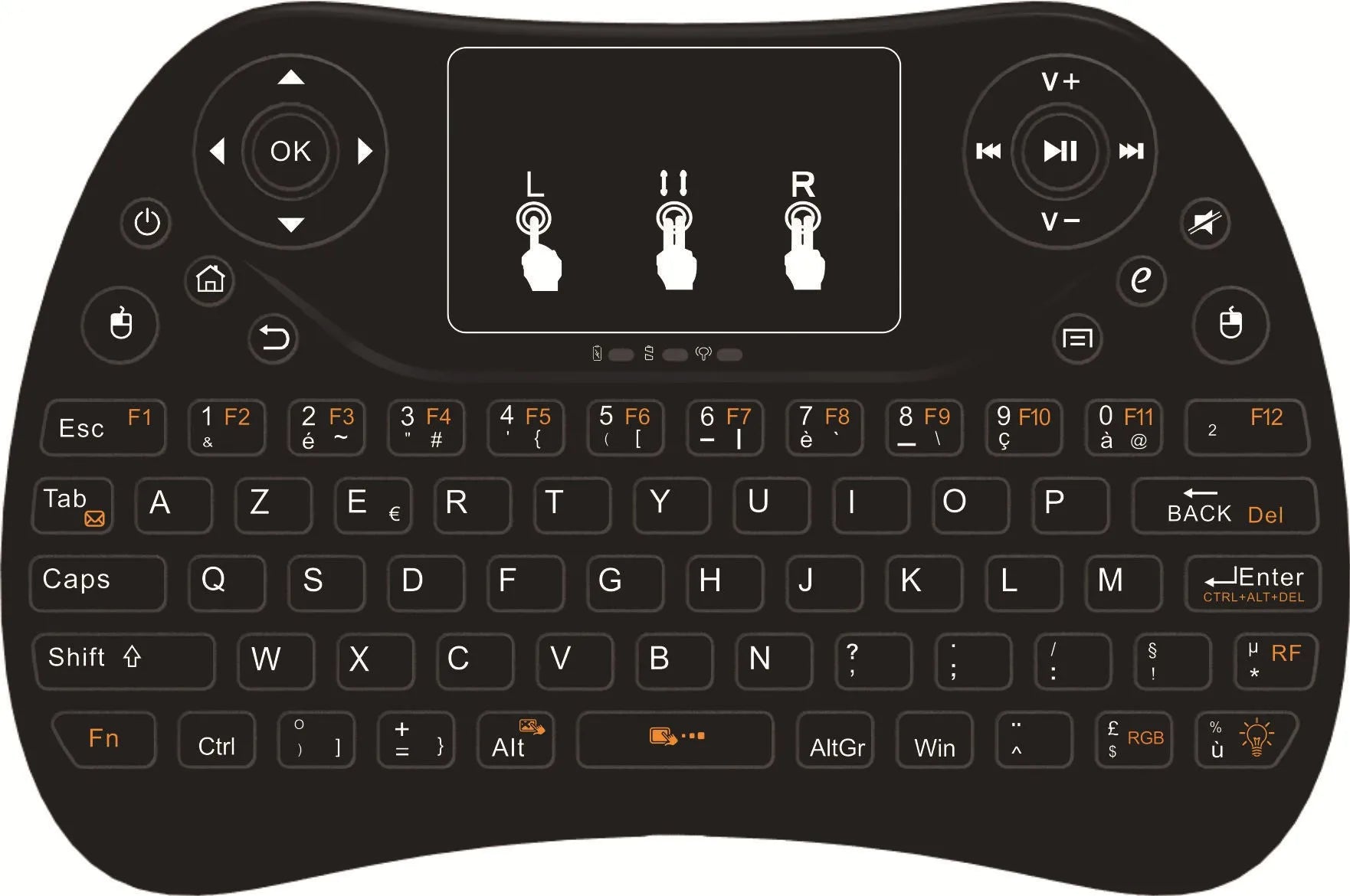Compact wireless keyboard with seven-colour backlight showing English layout and USB dongle