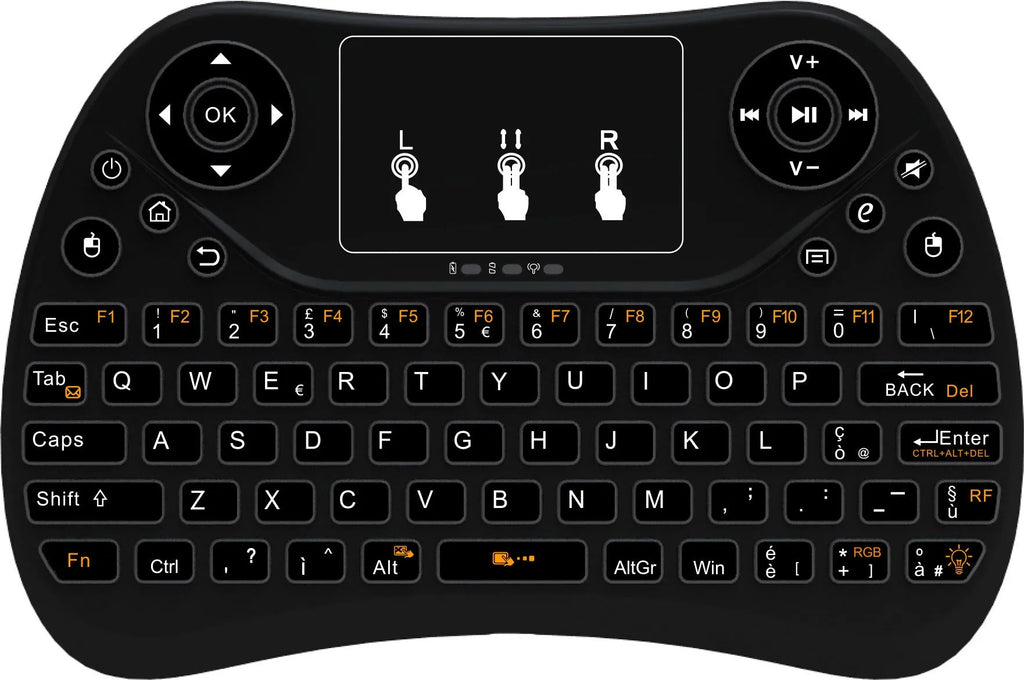 Compact wireless keyboard with seven-colour backlight showing English layout and USB dongle