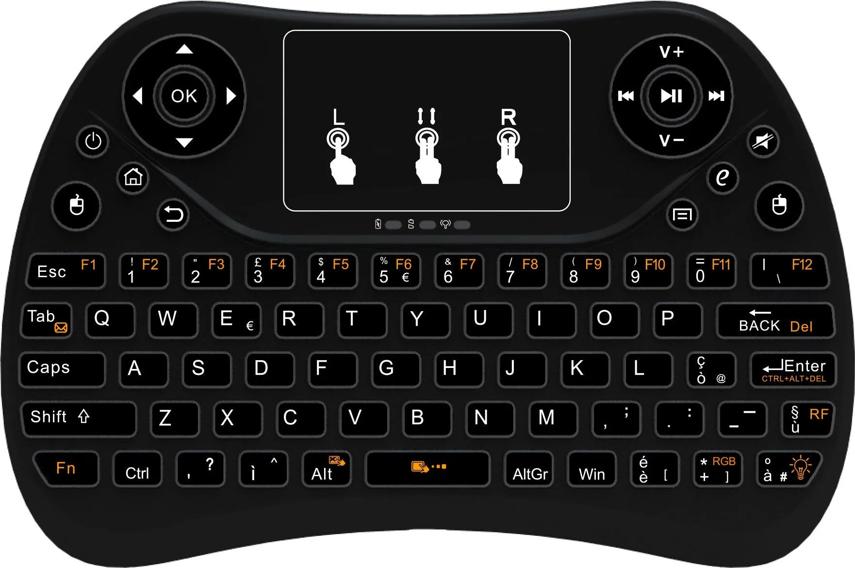 Compact wireless keyboard with seven-colour backlight showing English layout and USB dongle
