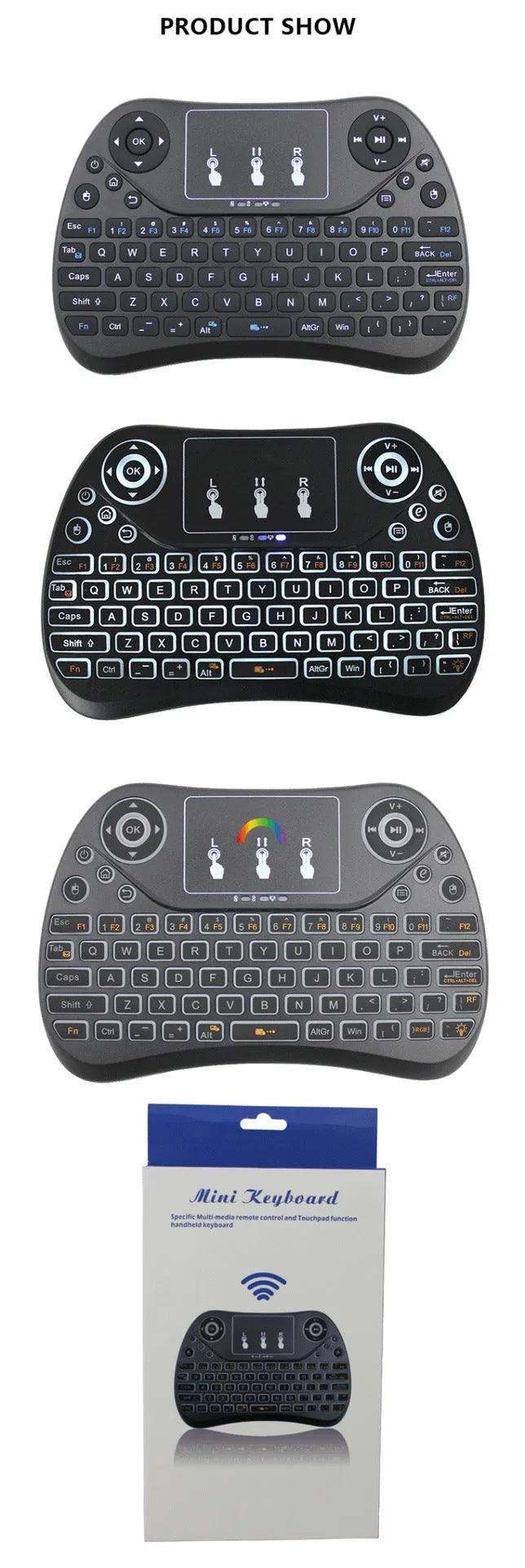 Compact wireless keyboard with seven-colour backlight showing English layout and USB dongle