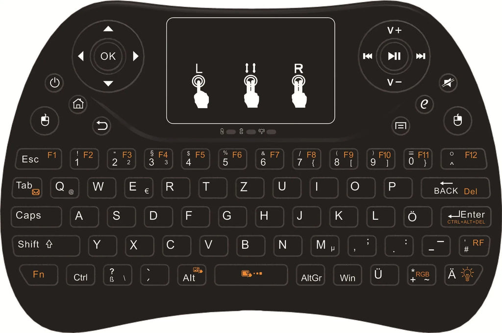 Compact wireless keyboard with seven-colour backlight showing English layout and USB dongle
