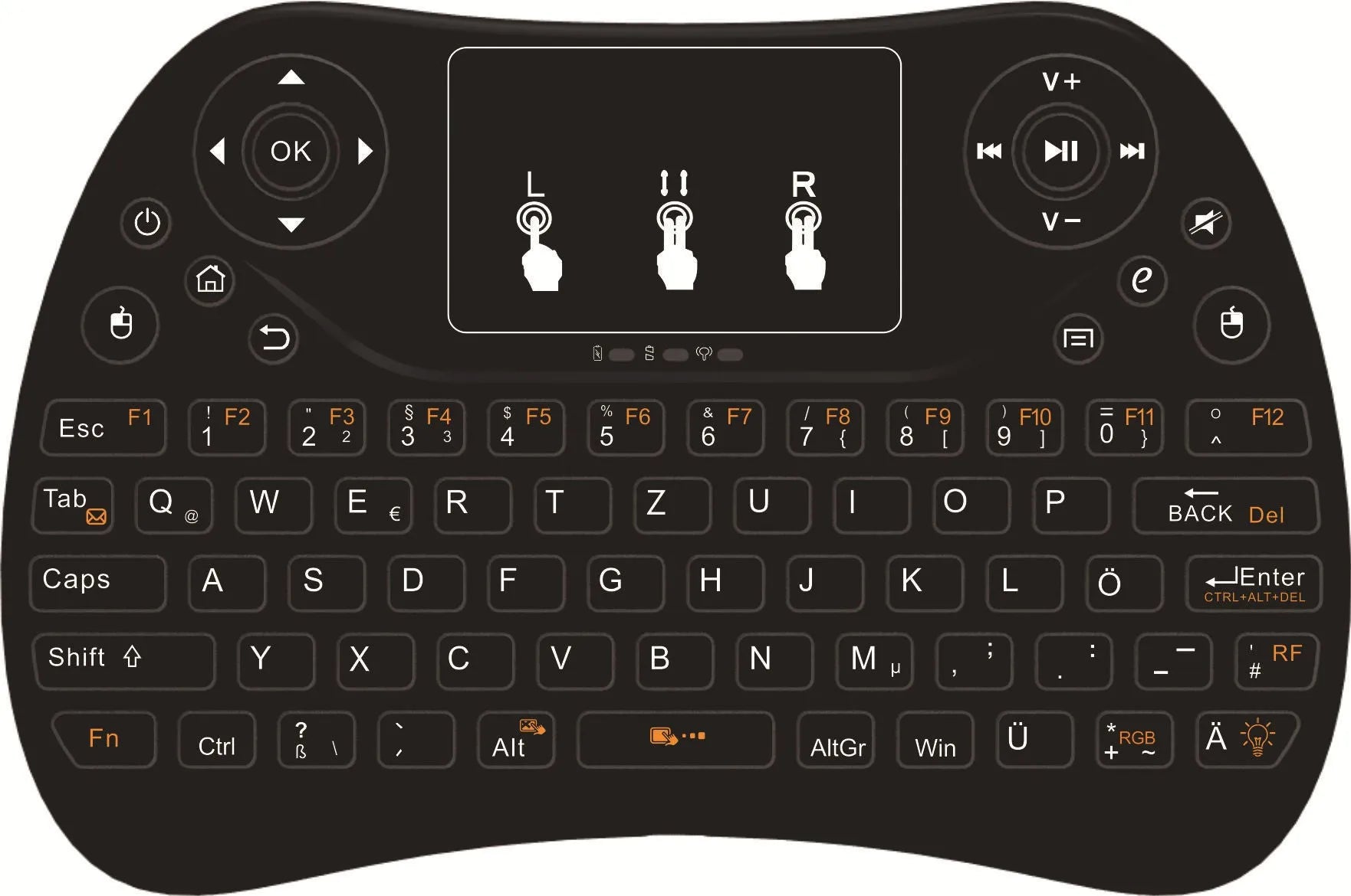 Compact wireless keyboard with seven-colour backlight showing English layout and USB dongle