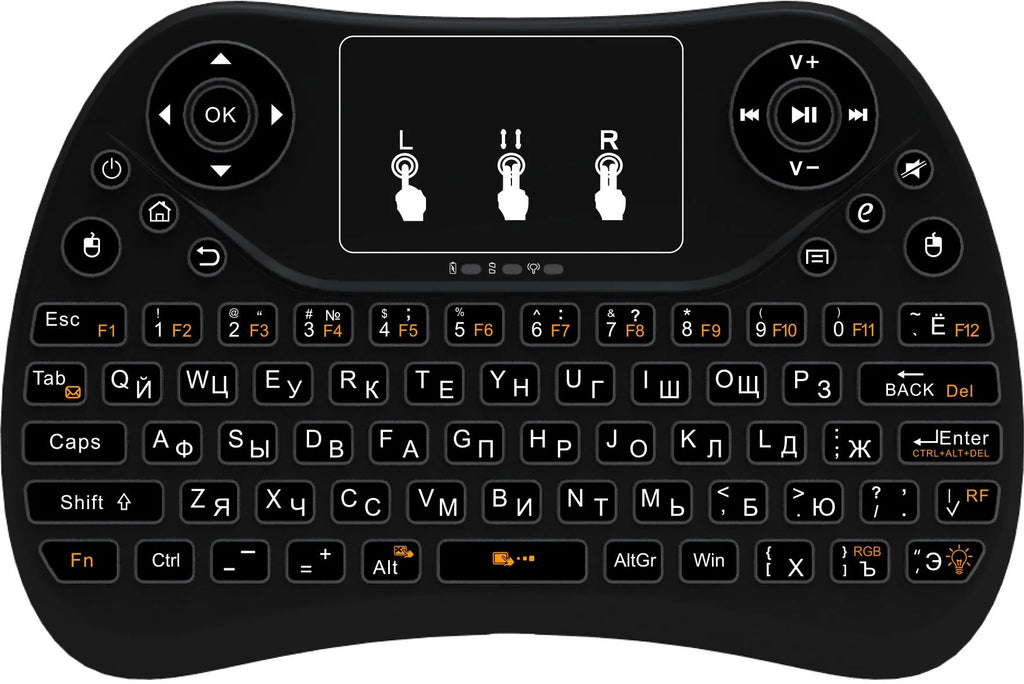 Compact wireless keyboard with seven-colour backlight showing English layout and USB dongle