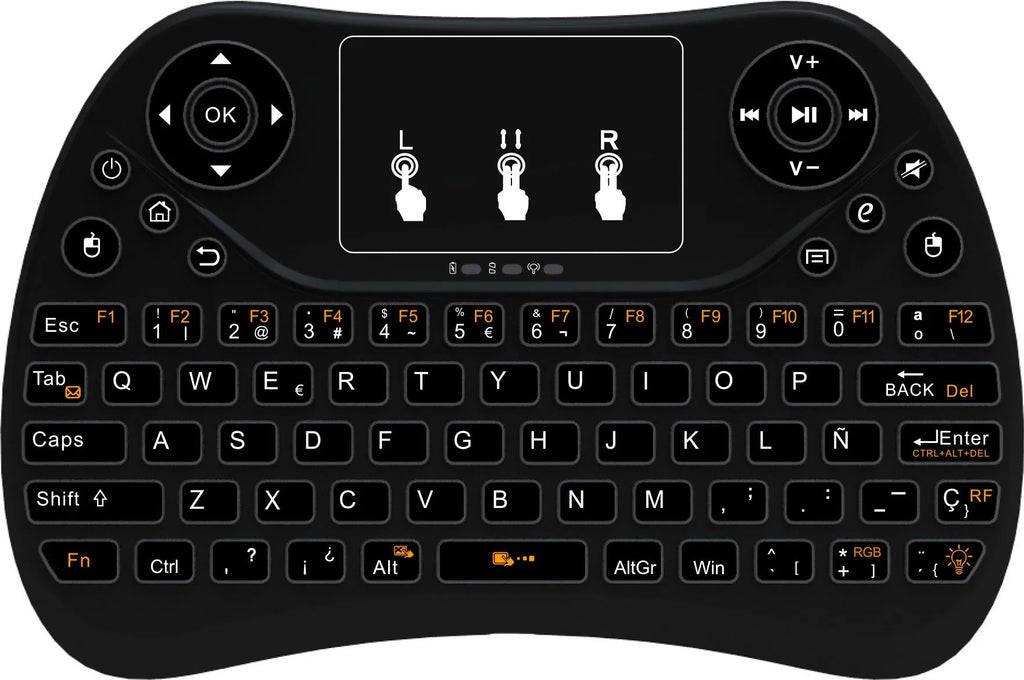Compact wireless keyboard with seven-colour backlight showing English layout and USB dongle