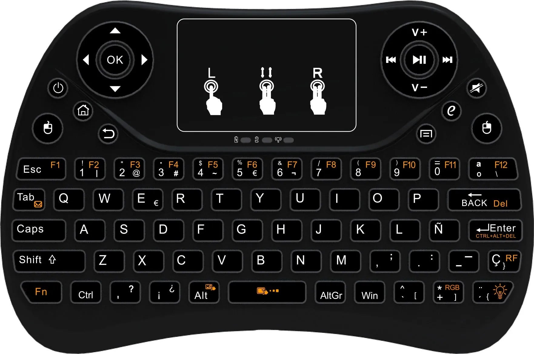 Compact wireless keyboard with seven-colour backlight showing English layout and USB dongle