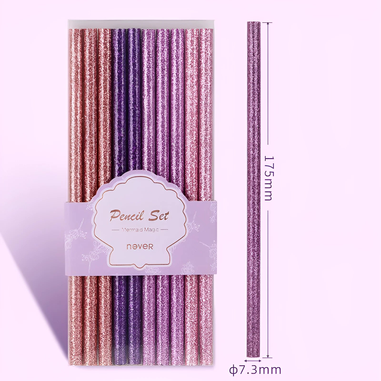 Display box open showing mixed colour HB pencils including purple glitter and pale pink styles with erasers.
