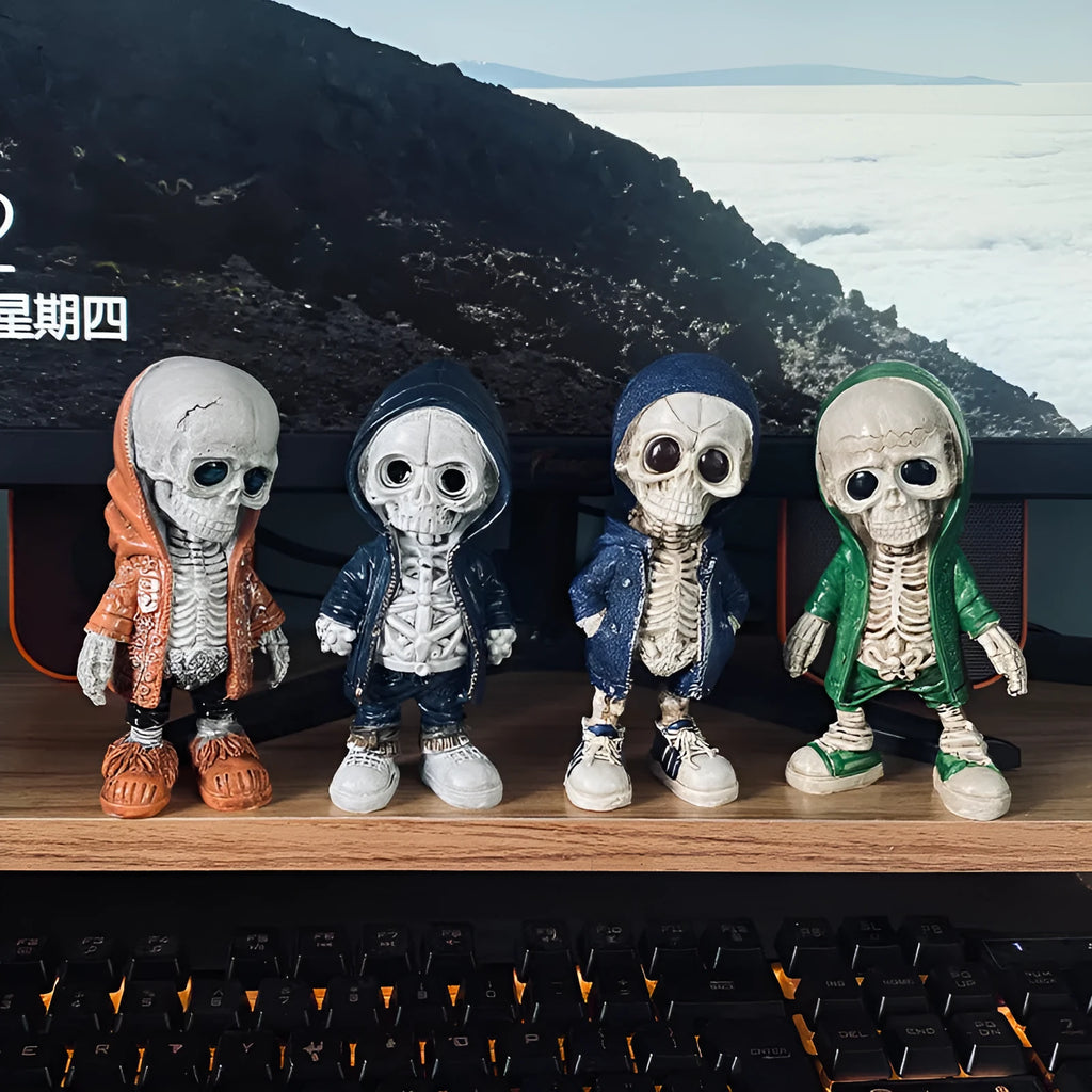 Resin skull ornament for Halloween and Ghost Festival, available in blue, green, navy blue and orange.