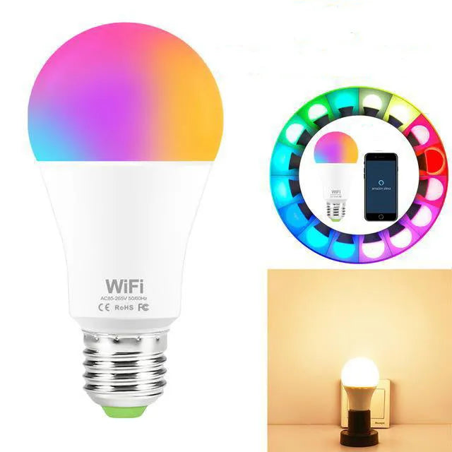 WiFi smart LED bulb with RGB and white light options for E27 and B22 fittings