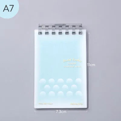 A7 hard cover detachable coil notebook showing multiple loose-leaf paper styles including timeline and checkered sheets