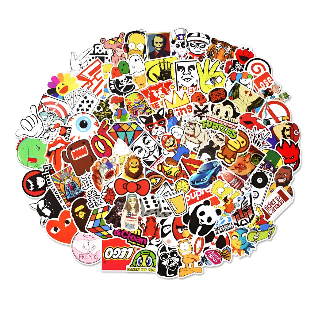 Assortment of colourful graffiti and cartoon design stickers from a 100-piece mixed series pack.