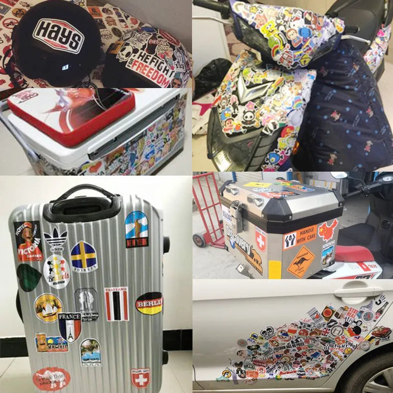 Assortment of colourful graffiti and cartoon design stickers from a 100-piece mixed series pack.