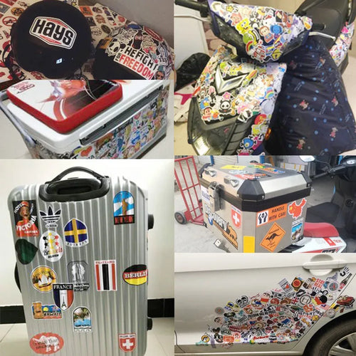Assortment of colourful graffiti and cartoon design stickers from a 100-piece mixed series pack.