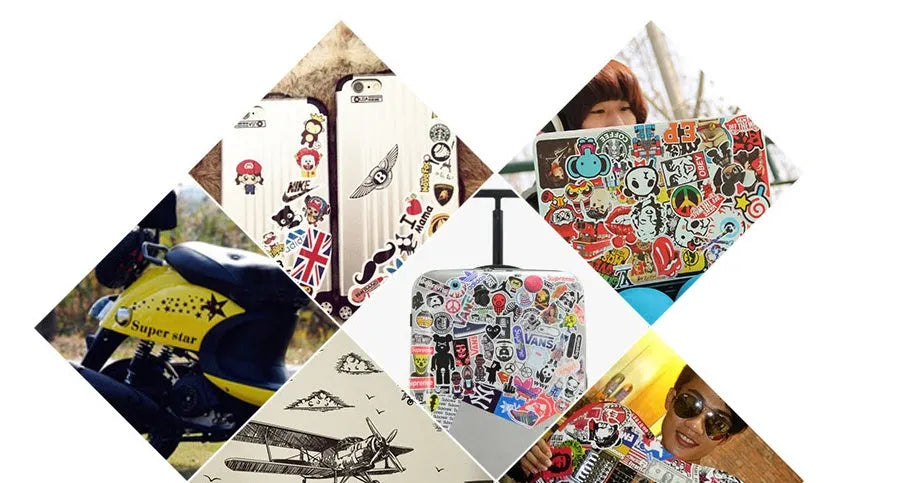Assortment of colourful graffiti and cartoon design stickers from a 100-piece mixed series pack.