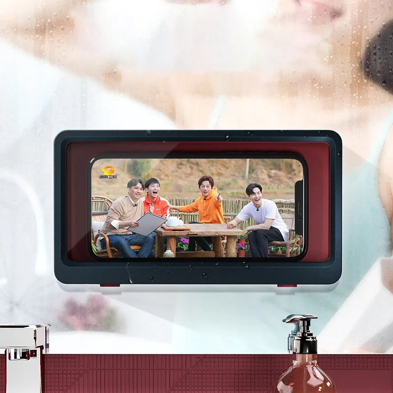 Waterproof bathroom phone holder mounted on wall with mobile device inserted, showing non-marking sticker installation