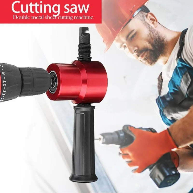 Red metal nibbler cutter attachment for electric drills, showing adjustable heads and measuring 175mm long.