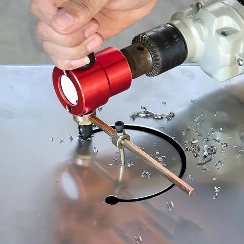 Red metal nibbler cutter attachment for electric drills, showing adjustable heads and measuring 175mm long.