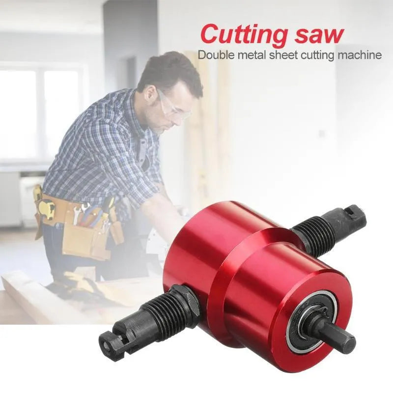Red metal nibbler cutter attachment for electric drills, showing adjustable heads and measuring 175mm long.