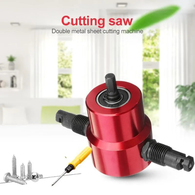 Red metal nibbler cutter attachment for electric drills, showing adjustable heads and measuring 175mm long.