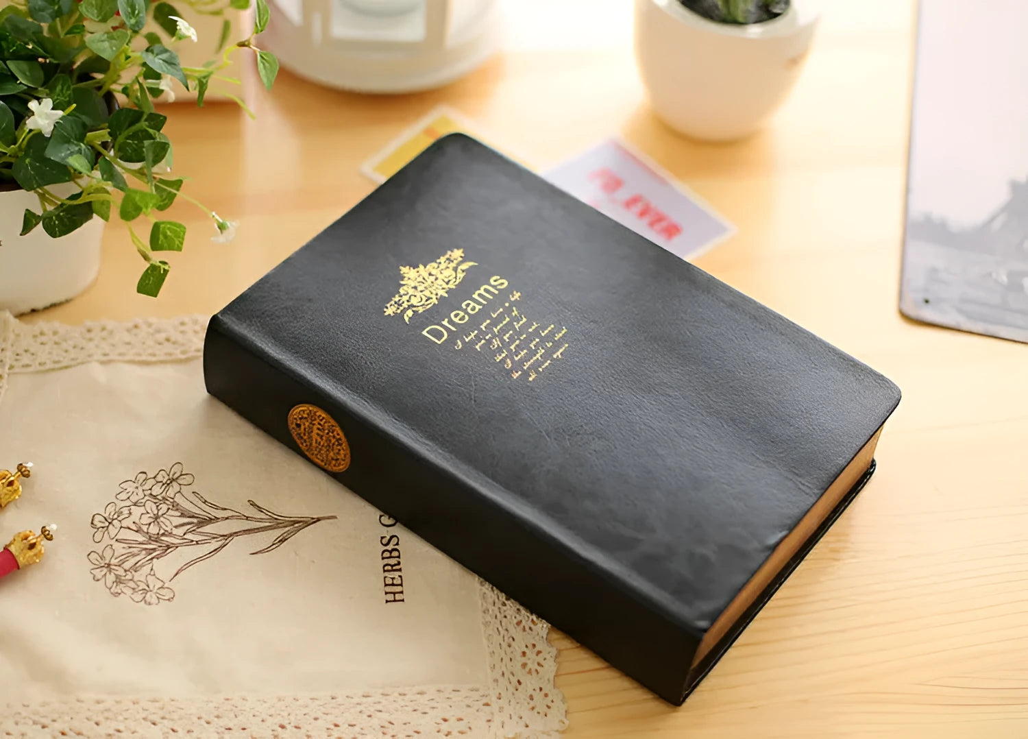 Jingu 25k thick notepad with imitation leather cover, showing large internal page size.