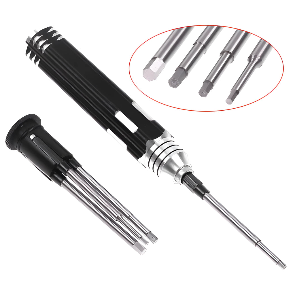 Black aluminium handle hexagon socket screwdriver set with four carbon steel bits for aeromodelling