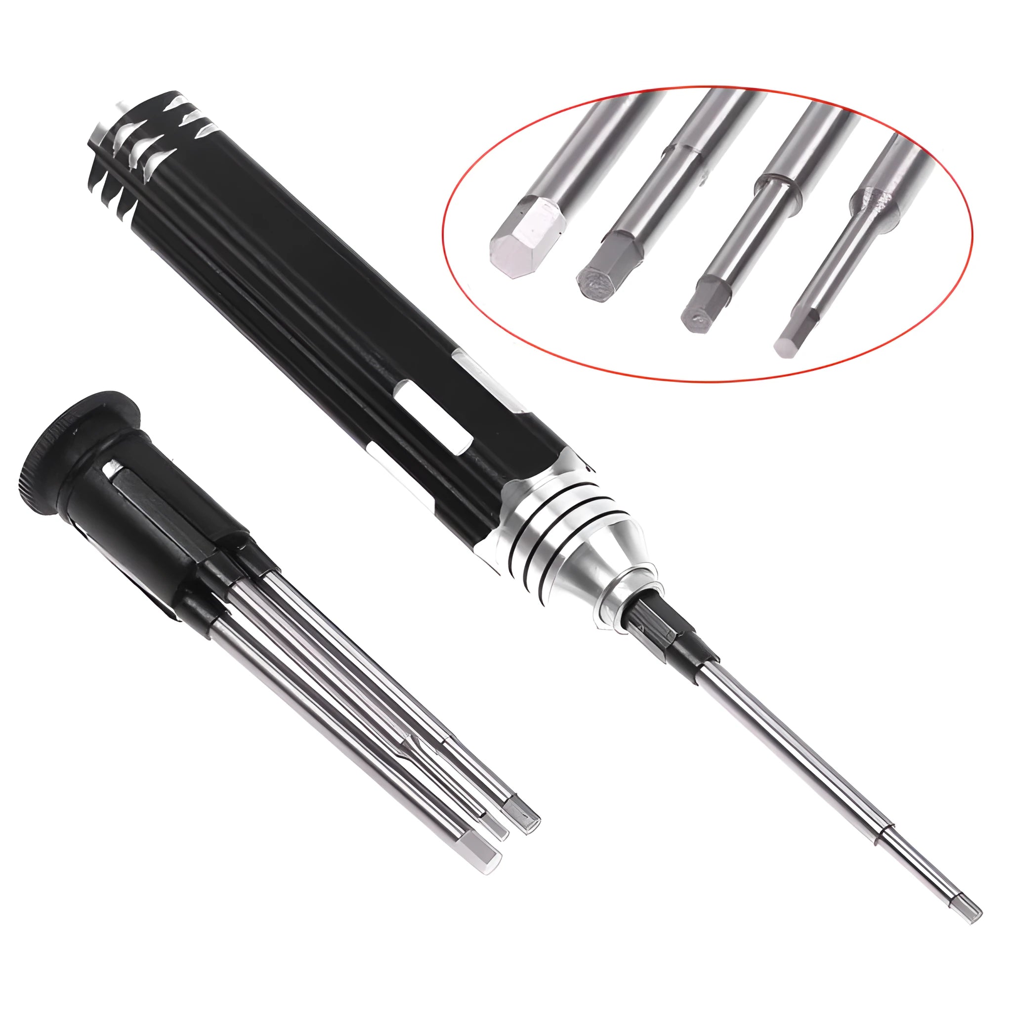 Black aluminium handle hexagon socket screwdriver set with four carbon steel bits for aeromodelling