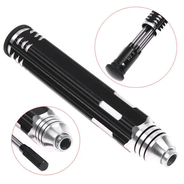 Black aluminium handle hexagon socket screwdriver set with four carbon steel bits for aeromodelling