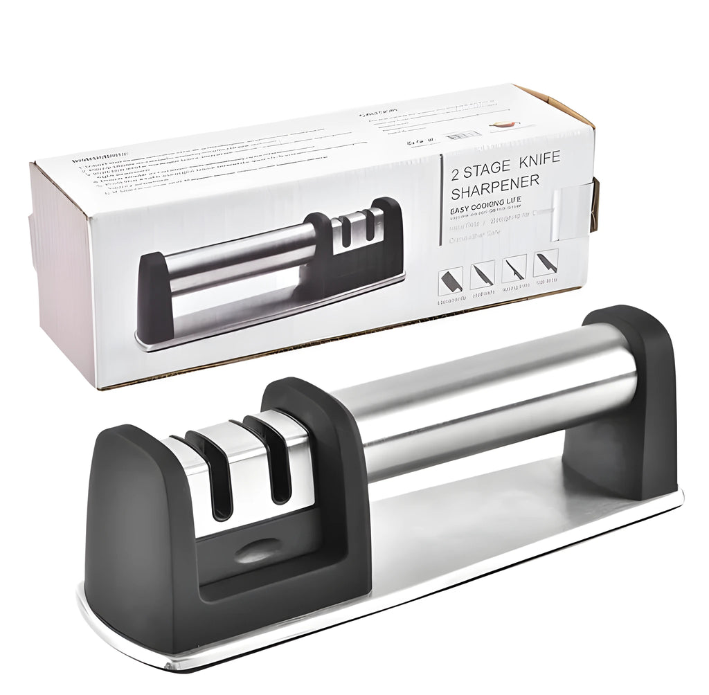 Black kitchen sharpener with 20-degree angle guide and non-slip ABS base for knife maintenance