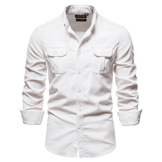 Men's linen long-sleeve shirt in multiple colours with button front and standard collar