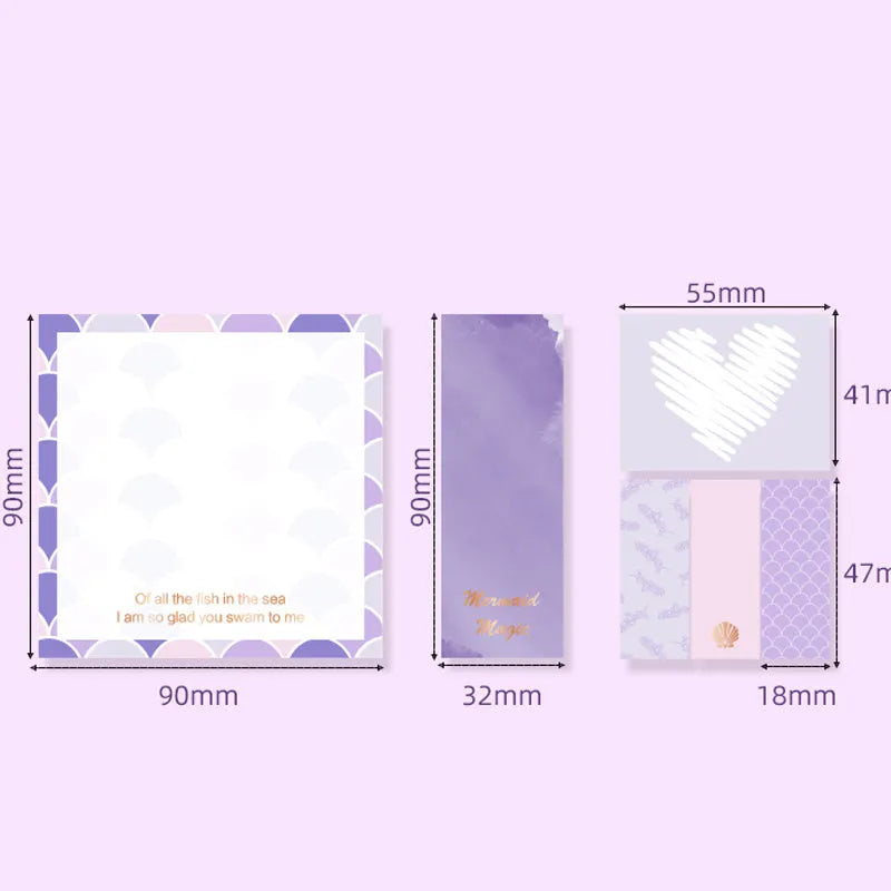 Purple Mermaid Series self-adhesive memo pad set showing six decorative styles and four notebook formats