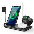 Black Apple wireless charger with Type-C port for mobile phones, watches and headsets