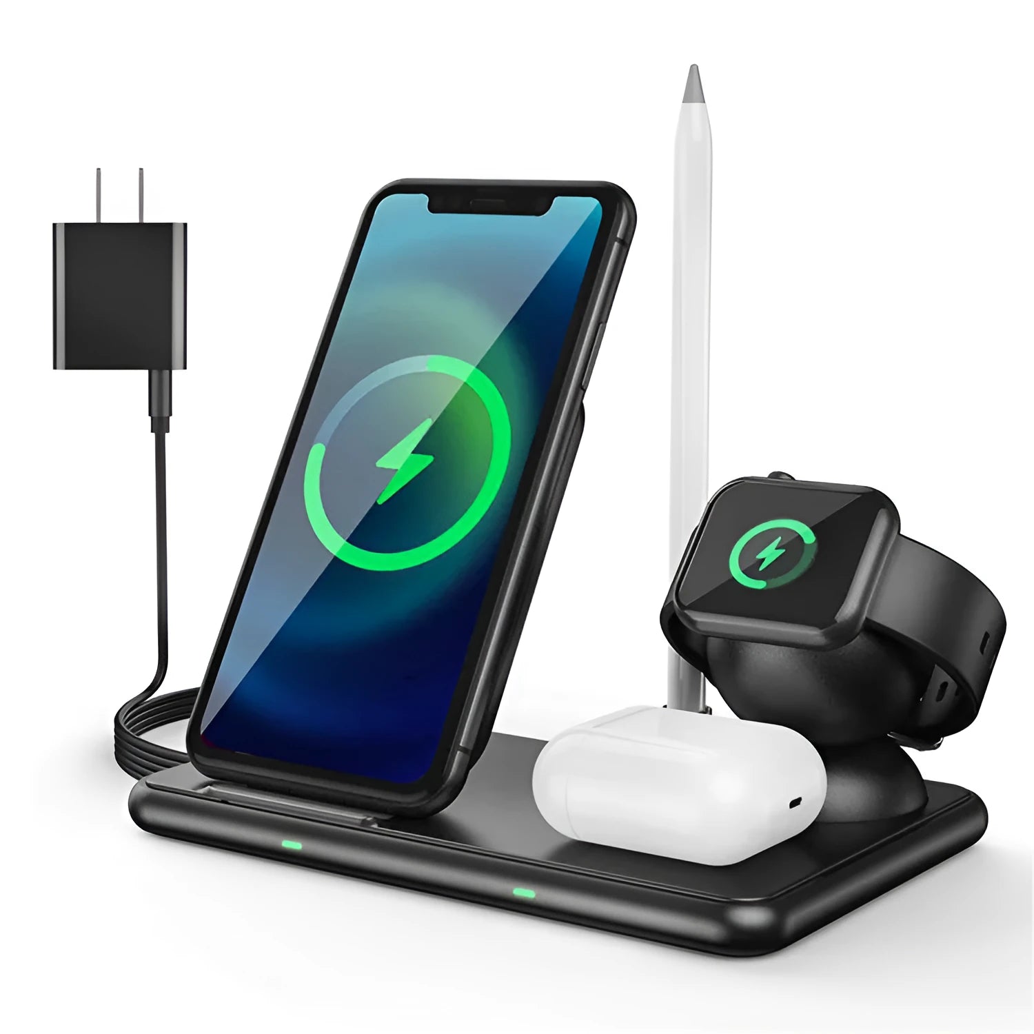 Black Apple wireless charger with Type-C port for mobile phones, watches and headsets