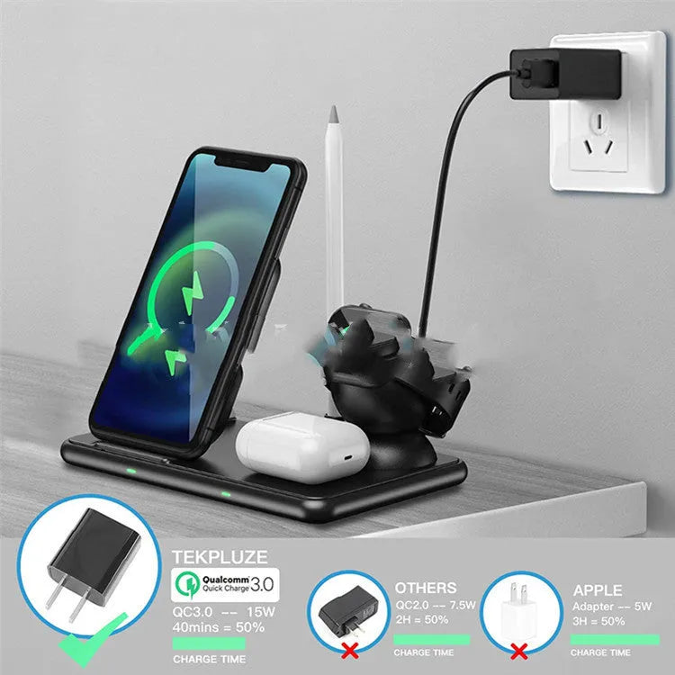 Black Apple wireless charger with Type-C port for mobile phones, watches and headsets