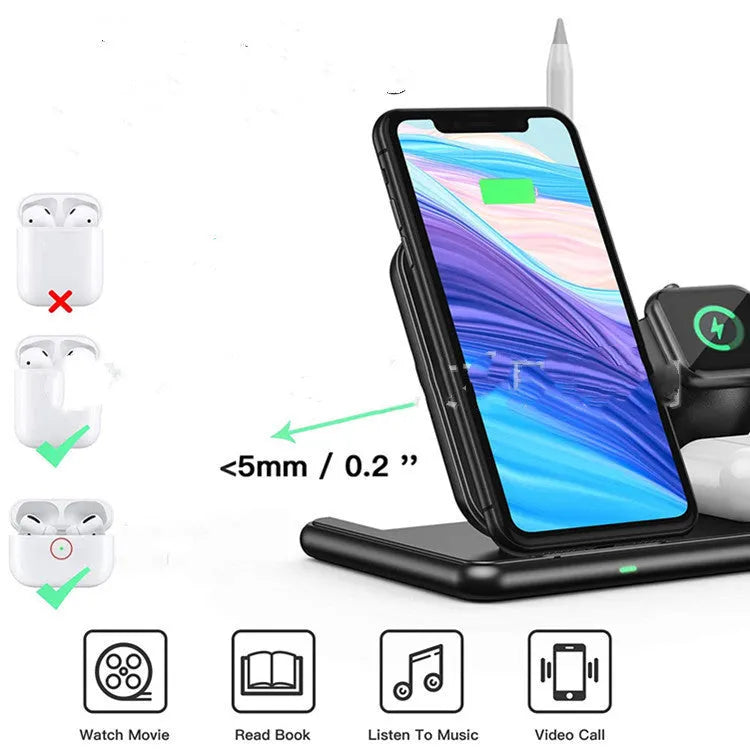 Black Apple wireless charger with Type-C port for mobile phones, watches and headsets