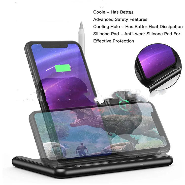 Black Apple wireless charger with Type-C port for mobile phones, watches and headsets
