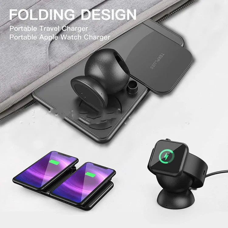 Black Apple wireless charger with Type-C port for mobile phones, watches and headsets