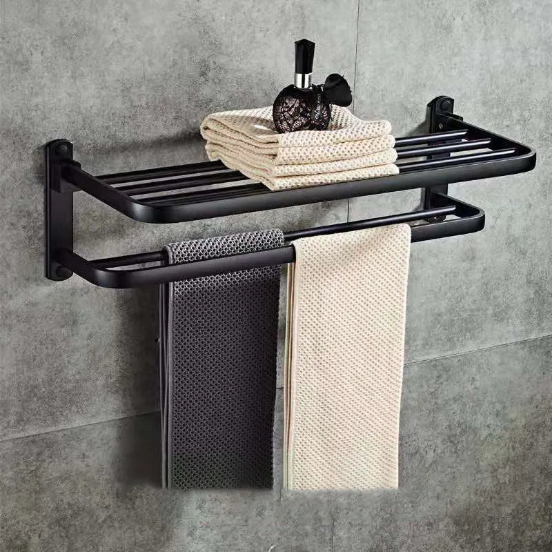 Aluminium bathroom folding shelf with double-layer design, shown in extended and folded positions